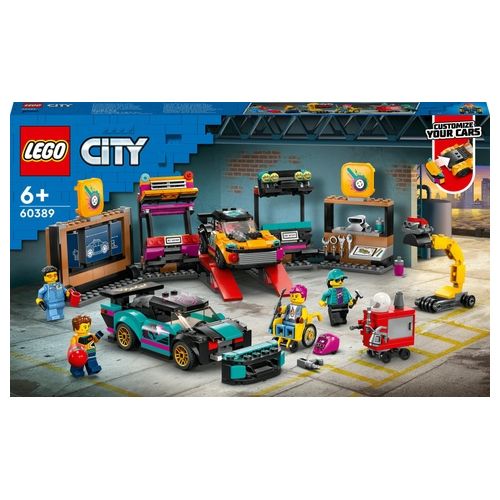 LEGO City 60389 Garage Auto Personalizzato con 2 Macchine Giocattolo Personalizzabili, Officina e 4 Minifigure, Idea Regalo