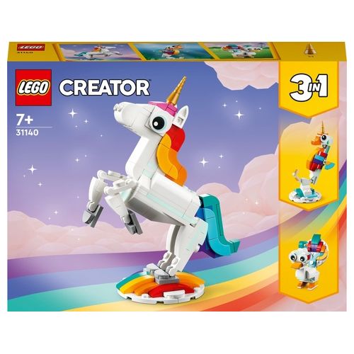 LEGO Creator 31140 Unicorno Magico con Arcobaleno, Set 3 in 1 con Animali Giocattolo Fantastici, Cavalluccio Marino e Pavone