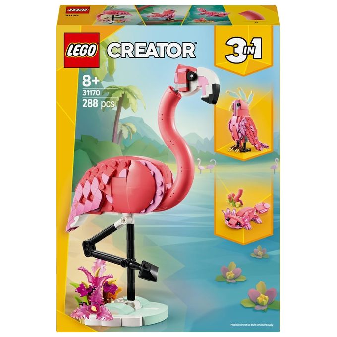 Image of LEGO Creator 3 in 1 Animali Selvatici: Fenicottero Rosa Giocattolo - Si Trasforma in Uccello Cacatua o in Axolotl - Animali da Costruire per Bambini e Bambine da 8 Anni - Regalo di Compleanno 31170