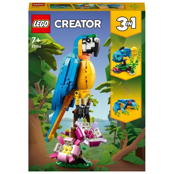 LEGO Creator 31136 Pappagallo Esotico, Set 3 in 1 con Pesce e Rana, Animali Giocattolo, Giochi Creativi per Bambini da 7 Anni