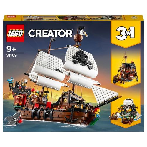 LEGO Creator 31109 Galeone dei Pirati, Set 3 in 1 con Nave Giocattolo, Locanda e Isola del Teschio, Minifigure e Squalo