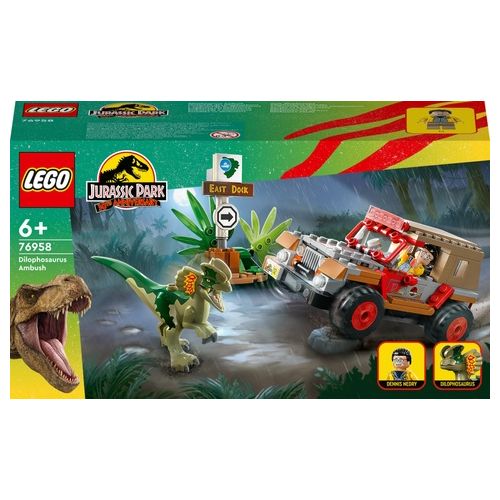 LEGO Jurassic Park 76958 L'Agguato del Dilofosauro, Dinosauro Giocattolo per Bambini 6+ con Jeep, Collezione 30° Anniversario