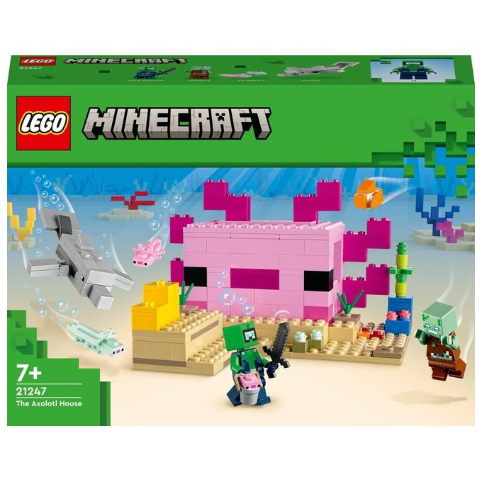 LEGO Minecraft 21247 La Casa dell'Axolotl, Base Subacquea Rosa con Esploratore Subacqueo, Zombie, per Bambini da 7 anni