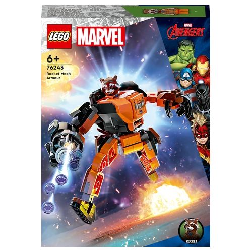 LEGO Marvel 76243 Armatura Mech Rocket, Action Figure Supereroe Guardiani della Galassia, Idea Regalo Avengers per Bambini