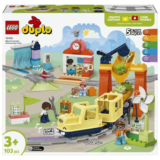 LEGO 10428 DUPLO Grande Treno Comunitario Interattivo Set da Costruzione per Bambini 3+ con Treno PushandGo 103 Pezzi 4 Personaggi Multifunzione con Luci e Suoni colore Multicolore