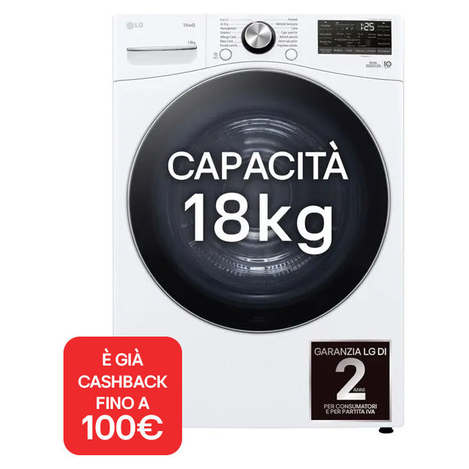 Image of Lg RH18U8AVCW Asciugatrice 18 Kg Classe A Dual Inverter con Pompa di Calore Profondita' 82 cm Motore Direct Drive AI Dry Wi-Fi colore Bianco