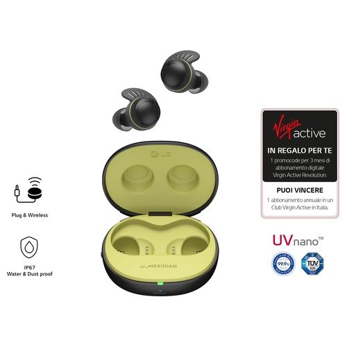 LG TONE Free fit TF8 Cuffie Bluetooth True Wireless Ideali per lo Sport con ANC Resistenti all'Acqua e Lavabili (IP67) Black Lime