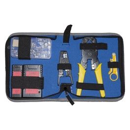 Set Attrezzi in Astuccio con Pinza per Connettori 4/6/8 Poli Spelafili Tester Cassettina con Plug 6 e 8 Poli Inseritore Keystone e Tester Cavi di Rete
