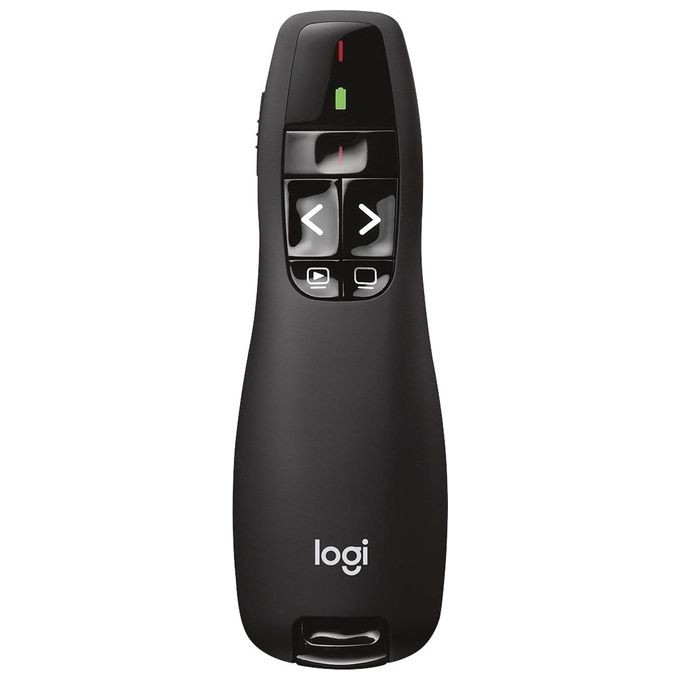 Logitech R400 Puntatore Laser per Presentazioni Wireless, 2.4 GHz e Bluetooth, Ricevitore USB, ‎Puntatore Laser Rosso, Portata 15 m, 6 Pulsanti, Controllo Intuitivo, Indicatore ‎Batteria, PC, Nero