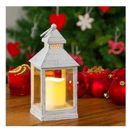 Lanterna Quadrata Plastica e Vetro Bianco Antico con Candela Led Classic Effetto Fiamma Flickering