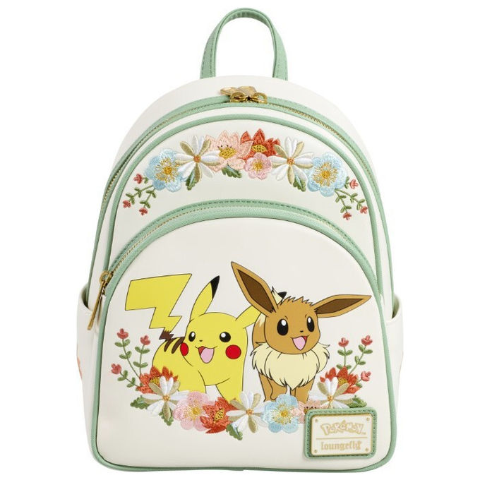 Loungefly, Mini Zaino Floreale Pikachu e Eevee, Pokemon, Pelle Vegana, 23x11x27 cm