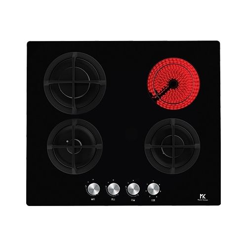 MKMC 603C1-PR C BK - Piano cottura a gas da incasso 60 cm, 3 fuochi gas + 1 piastra elettrica, Griglie in ghisa, Vetroceramica nero