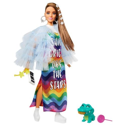 Mattel Barbie Extra Bambola Castana con Vestito Arcobaleno