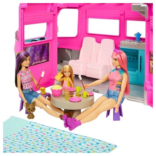 Barbie Camper dei Sogni - Veicolo con Scivolo e Piscina 2 Cuccioli 7 Aree Gioco Alto 76 cm