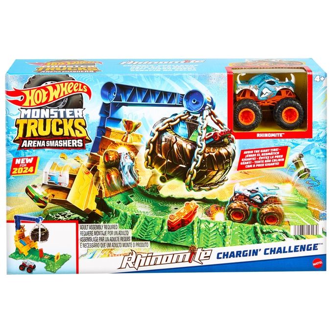 Mattel Set Pista Hot Wheels Monster Trucks Sfida Demolizione del Carico Rhinomite