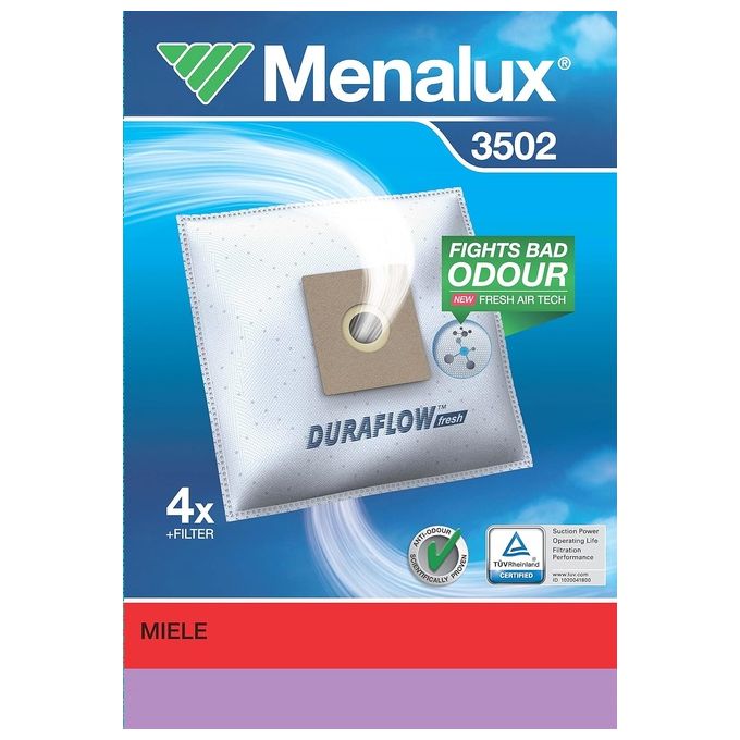 Menalux Duraflow 3502 - Sacchetti per aspirapolvere confezione da 4 + 1 filtro motore per Philips Afk Alaska