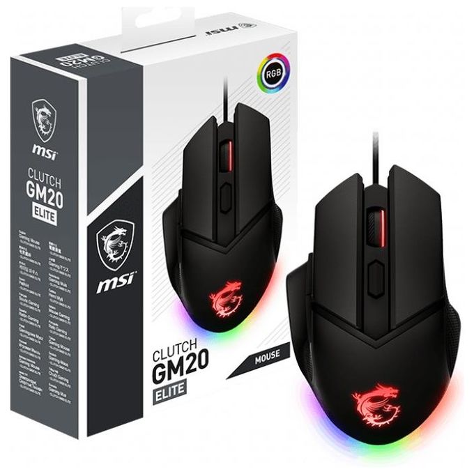 Msi MOU USB Clutch GM20 Elite Mouse Gaming Usb Tipo A Ottico 6400 DPI Mano destra