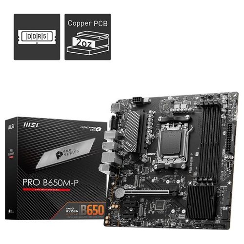 MSI Scheda madre PRO B650M-P Micro ATX supporta processori AMD Ryzen 7000 AM5 - DDR5 Memory Boost 6000MHz/OC 1 PCIe 4.0 x16 2 M.2 Gen4 2.5G LAN