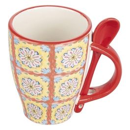 Mug 287 ml con cucchiaino in ceramica, decoro mediterraneo, Infinito Favignana