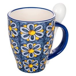 Mug 287 ml con cucchiaino in ceramica, decoro mediterraneo, Infinito Elba
