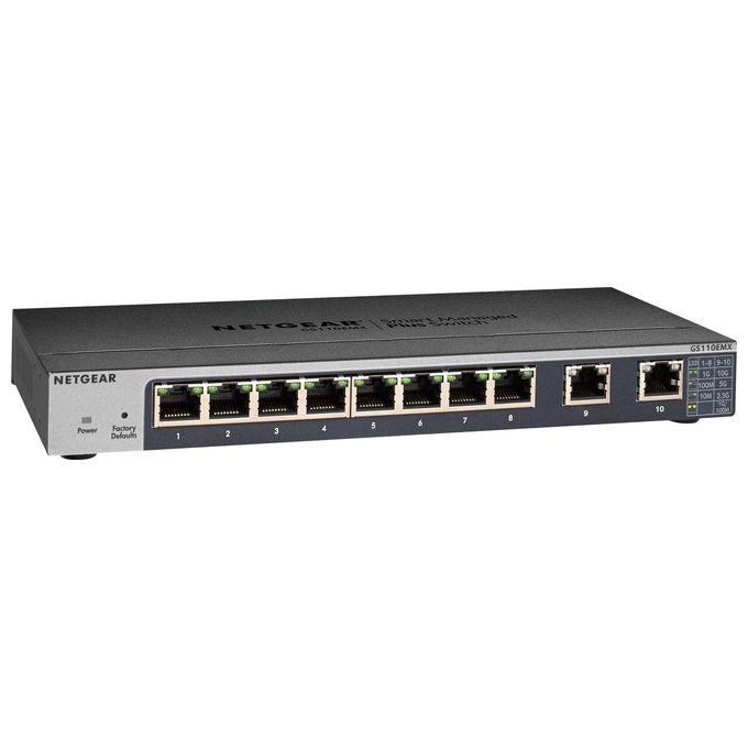 Netgear GS110EMX Switch intelligente 8 x 1000Base-T + 2 x 100/1000/2,5G/5G/10G (collegamento uplink) desktop, montabile su rack, montaggio a parete alimentazione CC