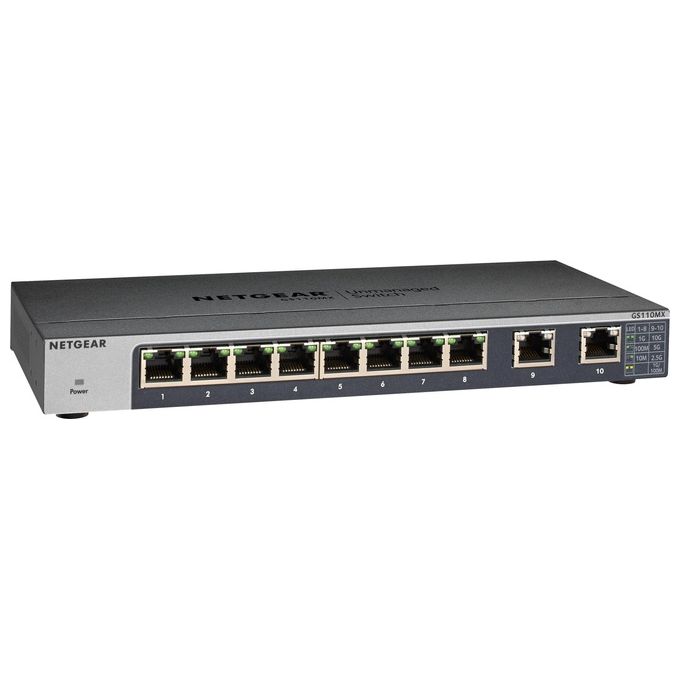 Netgear GS110MX Switch unmanaged 8 x 1000Base-T + 2 x 100/1000/2,5G/5G/10G (collegamento uplink) desktop, montabile su rack, montaggio a parete alimentazione CC