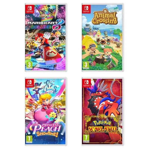 Nintendo Switch Games Pack 1: Mario Kart 8 Deluxe + Animal Crossing: New Horizons + Pokemon Scarlatto + Princess Peach Showtime!
