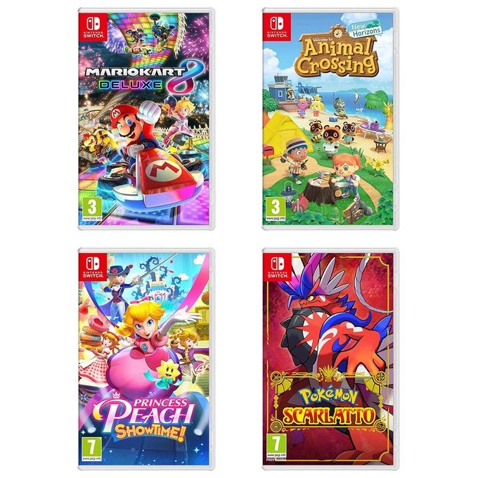 Nintendo Switch Games Pack 1: Mario Kart 8 Deluxe + Animal Crossing: New Horizons + Pokemon Scarlatto + Princess Peach Showtime!
