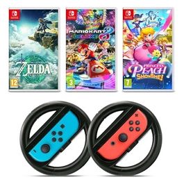 Nintendo Switch Games Pack 2: Mario Kart 8 Deluxe + The Legend of Zelda: Tears of the Kingdom + Princess Peach Showtime! + Coppia Volanti