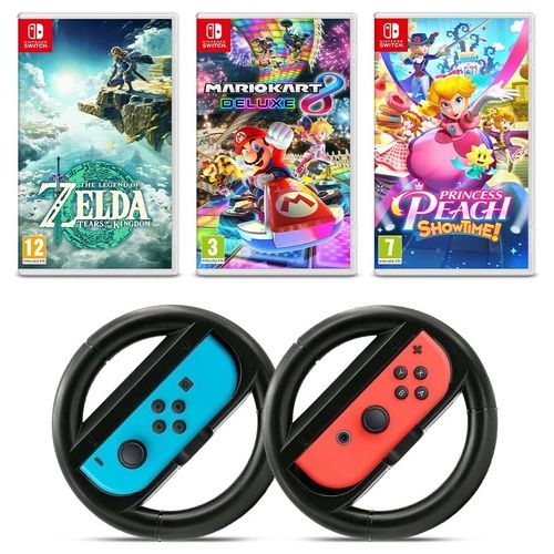 Nintendo Switch Games Pack 2: Mario Kart 8 Deluxe + The Legend of Zelda: Tears of the Kingdom + Princess Peach Showtime! + Coppia Volanti