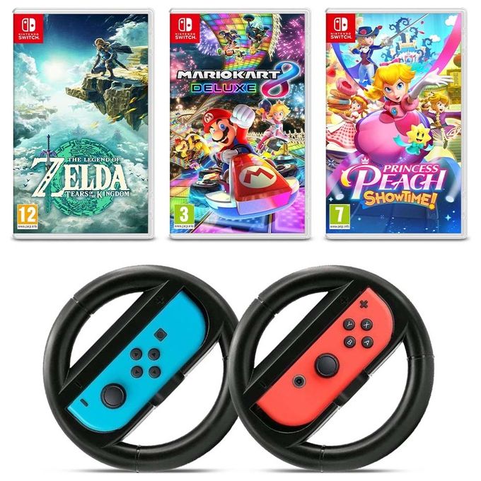 Nintendo Switch Games Pack 2: Mario Kart 8 Deluxe + The Legend of Zelda: Tears of the Kingdom + Princess Peach Showtime! + Coppia Volanti