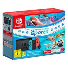 Nintendo Switch Con Joy-con Rosso Neon e Blu Neon  Switch Sports con Fascia per la Gamba e Tre Mesi di Switch Online