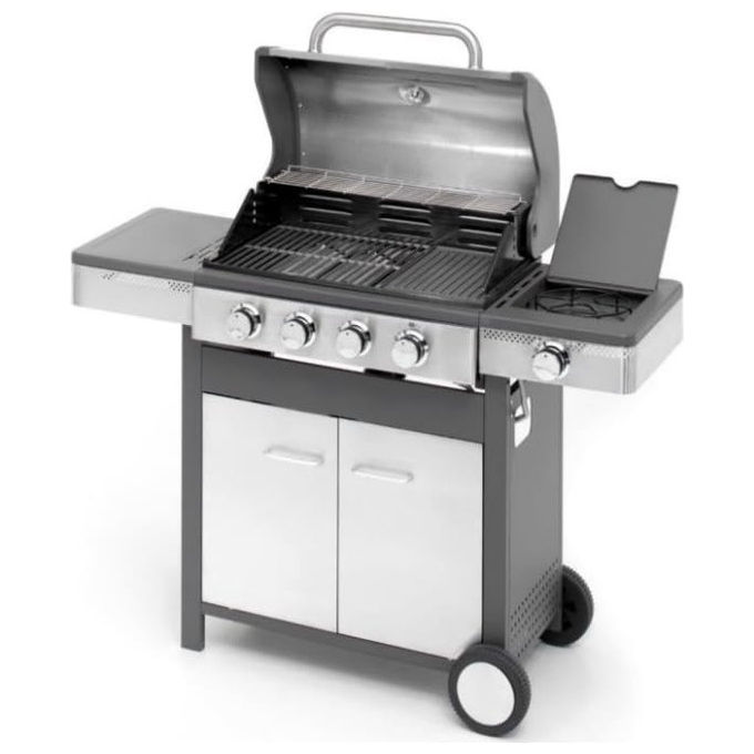 Ompagrill 315990 Indianapolis 5 Barbecue a Gas 4 Bruciatori 16,55 kW Fornello Laterale Griglia Ghisa Smaltata Carrello con Armadietto colore Titanio
