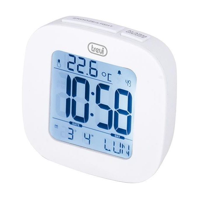 Trevi SLD 3860 Orologio con Display Retroilluminato, Termometro, Calendario Multilingue, Funzione Snooze, Bianco