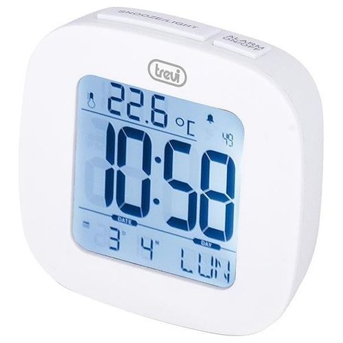 Trevi SLD 3860 Orologio con Display Retroilluminato, Termometro, Calendario Multilingue, Funzione Snooze, Bianco