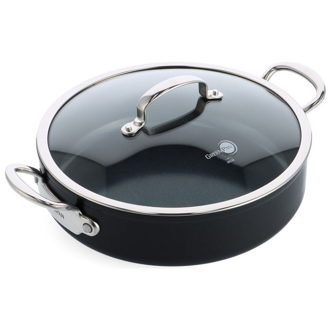 GreenPan CC005329-001 Barcelona Pro Padella Multiuso in Alluminio con Rivestimento Antiaderente in Ceramica PFAS Free Forno fino a 200 °C Induzione Sì con Coperchio in Vetro e Due Manici in Acciaio Inox colore Nero