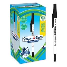 Paper Mate Confezione 50 PM Kilometrico Recycled Penne a Sfera Inchiostro Blu Nero