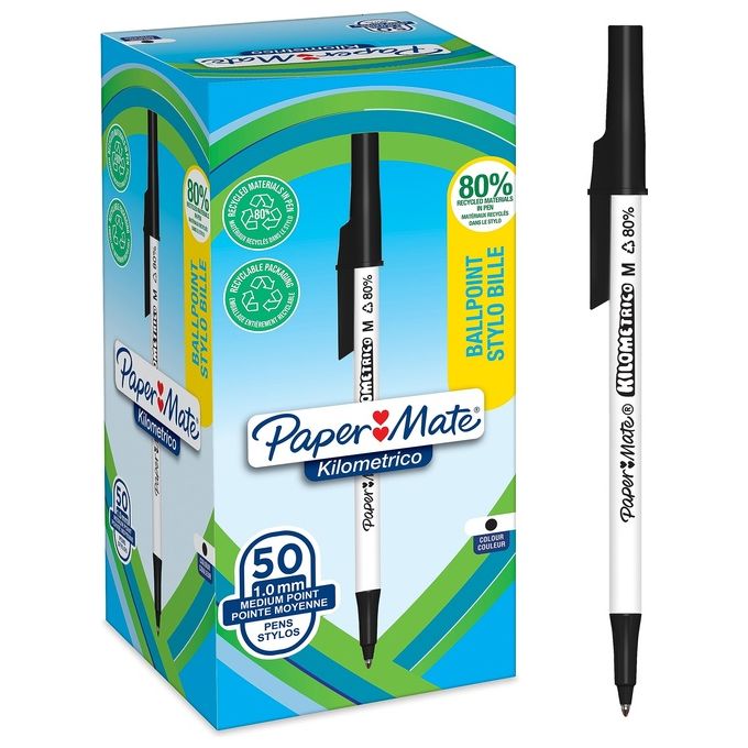 Paper Mate Confezione 50 PM Kilometrico Recycled Penne a Sfera Inchiostro Blu Nero