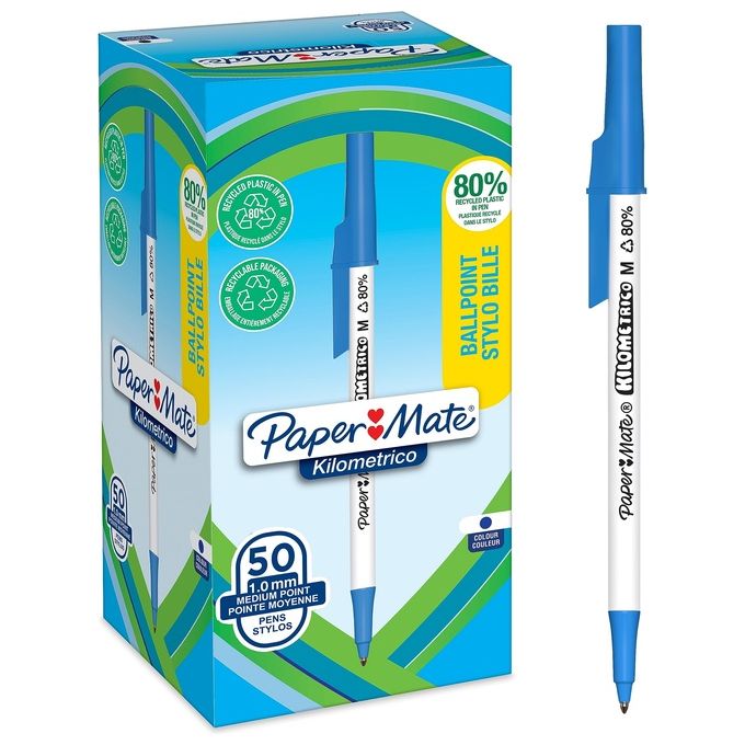 Paper Mate Confezione 50 PM Kilometrico Recycled Penne a Sfera Inchiostro Blu
