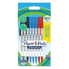 Paper Mate Confezione 8 Penne a Sfera Nero/Blu/Rosso Kilometrico Recycled