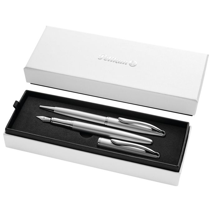 Pelikan Set Penna Sfera e Stilografica Jazz Noble Elegance in Metallo Silver Inchiostro Blu con Clip Elastica in Elegante Astuccio Regalo