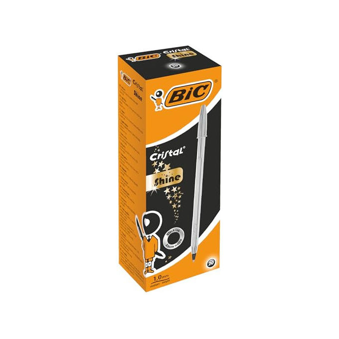 Bic Cristal Glacé penne a sfera con cappuccio, inchiostro nero, punta media 1 mm, fusto argento, confezione da 20 pezzi