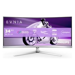 Evnia 34M2C8600 Monitor da gioco curvo WQHD da 34 pollici, 175 Hz, Ambiglow, HDR400, FreeSync Premium Pro, G-Sync Comp. (3440x1440, 0,1 ms GtG, HDMI, DisplayPort, USB-C, hub USB) grigio/bianco