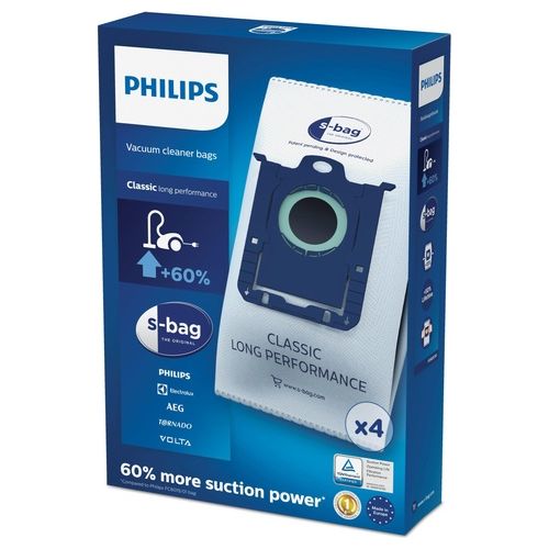 Philips 4 Sacchetti Per La Polvere S-bag Sintetici Speciale Sistema Di Chiusura 4 Strati Di Materiale Sintetico L Intasamento