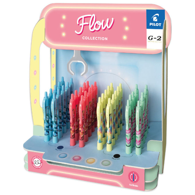 Pilot penne gel a scatto G-2 Flow Limited Edition, espositore 48 pezzi, tratto 0,7 mm, inchiostro blu e nero, grip ergonomico
