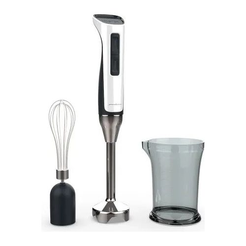 Pininfarina by – Frullatore a immersione 450 W, 2 velocità, accessori inclusi (frusta + bicchiere graduato 800 ml), lama in acciaio inox, colore bianco-grigio