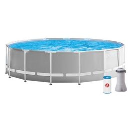 Intex 26726NP Piscina Fuori Terra Prisma Frame Rotonda Pompa Filtro 3785 L/h Scaletta Telo Base e Copertura 16805 L Acciaio e PVC Grigio 457x122 cm 457x122 cm Con Pompa Filtro