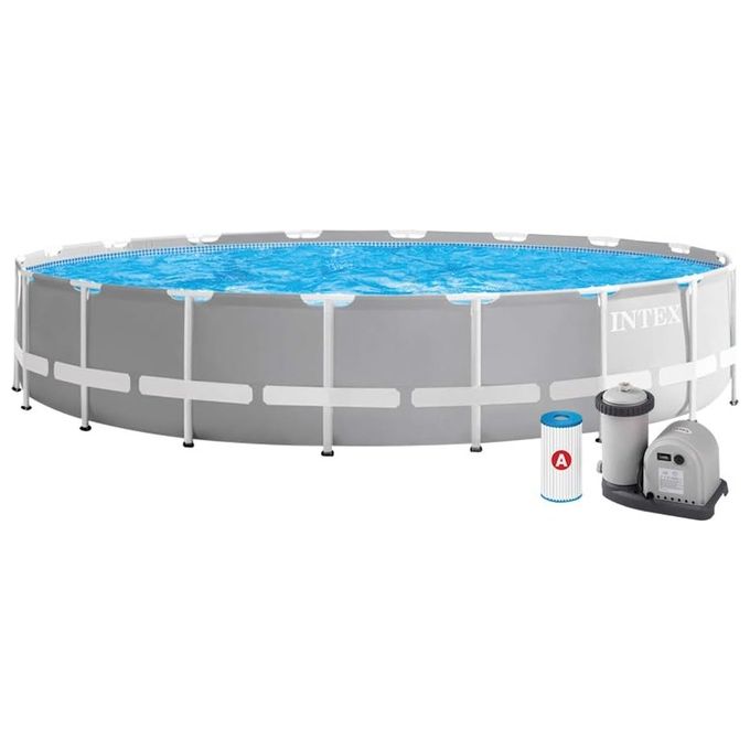 Intex 26756NP Piscina Fuori Terra Prisma Frame Rotonda Pompa Filtro 5678 L/h Scaletta Telo Base e Copertura 32695 L Acciaio e PVC Grigio 610x132 cm 610cm x132cm Con Pompa Filtro