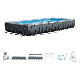 Intex 26378NP Piscina Fuori Terra Ultra XTR Frame Rettangolare Pompa Filtro 10000 L/h Scaletta Telo Base e Copertura Kit Pulizia Deluxe e Set Volley 54368L Acciaio e PVC Grigio 975x488x132cm