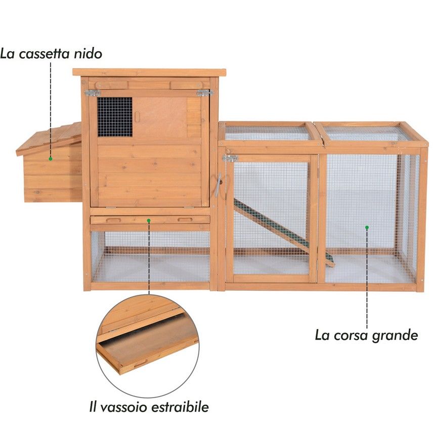 Pollaio da esterno con zona di corsa e nido in legno